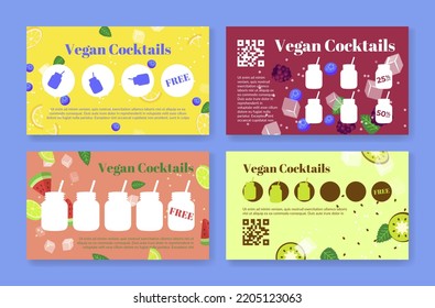 Vegan cocktails smoothie fruit diet drink loyalty card set vector illustration. Healthy shake beverage vitamin juice antioxidant nutrition coupon voucher sale discount get free bonus sticker collect