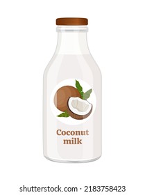 Vegan coconut milk in glass bottle, alternative non dairy drink, vector Illustration on white background