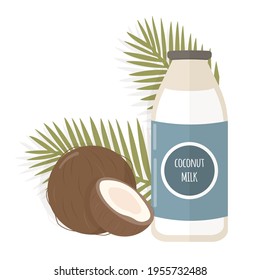 Vegan coconut milk. Lactose free. Agricultural product. Vector illustration of a healthy drink in cartoon flat style.