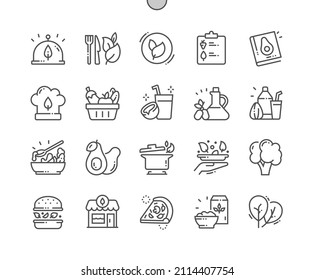 Vegan. Coconut milk, olive oil and avocado. Oatmeal and spinach. Food shop, supermarket. Menu for restaurant and cafe. Pixel Perfect Vector Thin Line Icons. Simple Minimal Pictogram