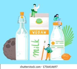 Vegan coconut walnut milk concept. Bottles, package with organic natural free dairy product. Big coco, whole walnut, green leaf. Man with pencil, leaves. Guy and girl sitting at top of bottle and pack