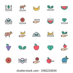 Vegan color filled outline icon set. Vegan color line icons isolated on white background. Organic, healthy, non violent, vegan food vector icons for web, mobile app, ui design and print