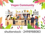 Vegan community gathering cooking class people preparing food plants colorful background