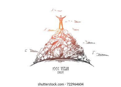 Vegan concept. Hand drawn person standing on heap of vegetables. Vegetarian man isolated vector illustration.