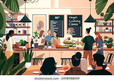 Vegan cooking class community gathering kitchen plants people preparing food learning together cozy atmosphere
