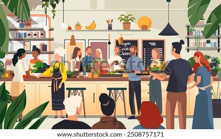 Vegan cooking class group people kitchen. Diverse participants preparing plant-based meals in a modern kitchen with vibrant decor and greenery