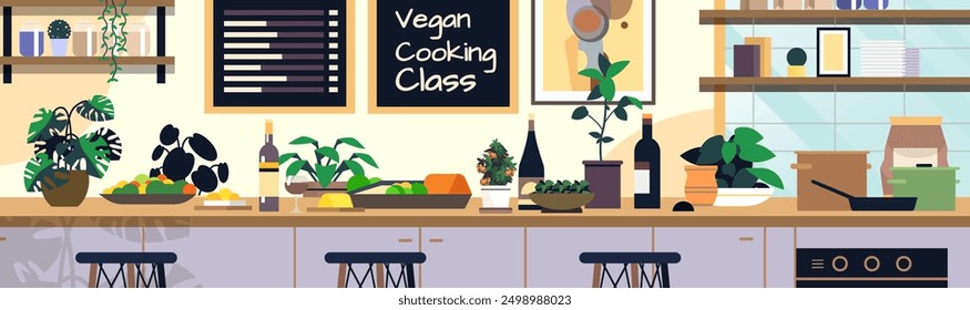 Vegan cooking class kitchen scene with plants fruits vegetables bottles and cookware on a countertop modern interior design