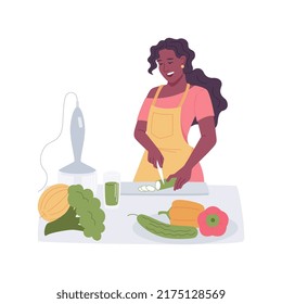 Vegan cooking isolated cartoon vector illustrations. Vegan sporty girl cooking in the kitchen, homemade food, healthy nutrition, vegetables salad preparation, organic vitamins vector cartoon.