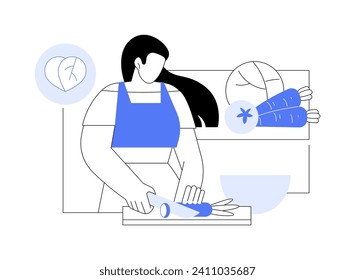 Vegan cooking isolated cartoon vector illustrations. Vegan sporty girl cooking in the kitchen, homemade food, healthy nutrition, vegetables salad preparation, organic vitamins vector cartoon.