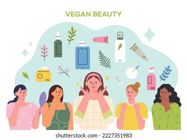 Vegan cosmetics and healthy skin. A woman is showing her clean face. Other women with her skin problems are watching her.