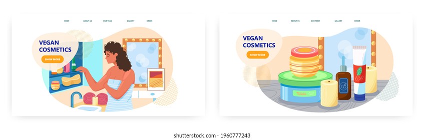 Vegan cosmetics landing page design, website banner vector template set. Girl using eco friendly ethical beauty cosmetic