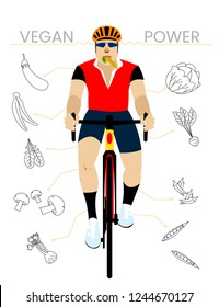 Vegan Cyclist with Vegetables. Flat Design Vectoral Illustration