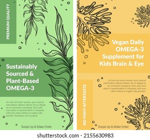 Vegan Daily Omega 3 Supplement For Kids Brain And Eyes Health. Plant Based Food For Nourishment And Vitamins, Sustainably Sourced Ingredients. Monochrome Sketch Outline, Vector In Flat Style