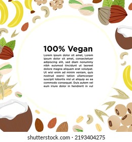 Vegan and dairy-free background concept with copy space. surrounded by cute cartoon vegan food elements, cashew, coconut, almond, hazelnut, banana, oats. Editable Vector Illustration. EPS 10.
