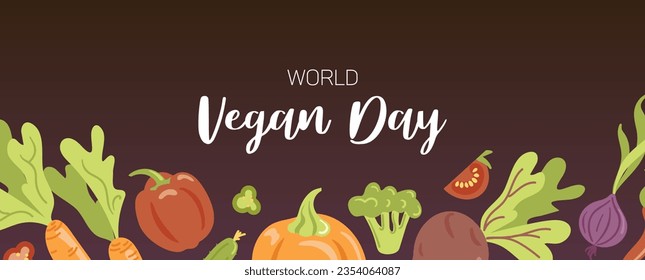 Vegan day. Horizontal banner with vegetables in cartoon style. Carrots, peppers, pumpkin, beets and onions. For advertising banner, website, poster, sale flyer