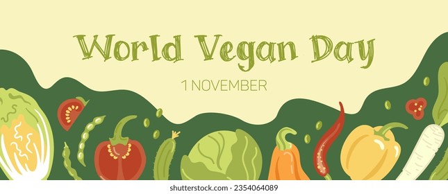 Vegan day. Horizontal banner with vegetables in cartoon style. Daikon, pepper, pumpkin, beans and tomato. For advertising banner, website, poster, sale flyer.