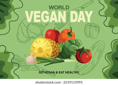 Vegan Day with Pile of Fruits and Vegetables Green Template Background Vector