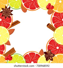 Vegan day vector colorful background square border Vector illustration with citrus orange lemon lime slices cinnamon baden anise, almond nuts and red berries can be used as  poster or menu background