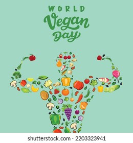 Vegan day, World vegan day, Human body is made of vegan, Symbol for eating green biological natural food, biological natural food