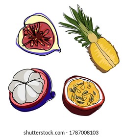 Vegan dessert delicious tropical passion fruit pineapple mangosteen fig vector graphics illustration pattern background fabric design