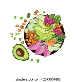 Vegan detox Buddha bowl with chickpeas, avocado, radishes, carrots, herbs and sesame seeds drawn in realistic cartoon style on a white background.Vector food illustration top view.Healthy food concept