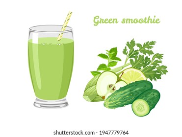  Vegan detox green smoothie. Healthy organic drink in glass with straw and group of vegetables and fruits. Apple, lime, celery, cucumber and mint. Vector food illustration in cartoon flat style.