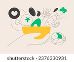 Vegan diet abstract concept vector illustration. Vegetables and fruits, whole grains, quality protein, healthy lifestyle, no meat, healthy fat, fresh salad, organic nutrients abstract metaphor.