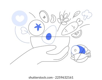 Vegan diet abstract concept vector illustration. Vegetables and fruits, whole grains, quality protein, healthy lifestyle, no meat, healthy fat, fresh salad, organic nutrients abstract metaphor.