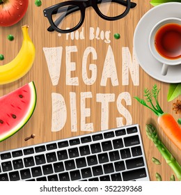 Vegan diet, blogging vegetarian organic healthy food, wooden background, vector illustration.