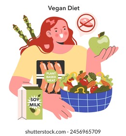 Vegan Diet concept. A cheerful person choosing fruit and plant-based alternatives, with symbols of meat avoidance. Healthy lifestyle choices. Vector illustration.