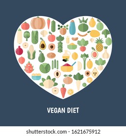 Vegan Diet concept with food icons. Blue background.