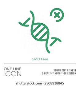 Vegan Diet Fitness and Healthy Nutrition Edition of One Line Icon Series - DNA Spiral Element with Cross Sign as Genetically Modified Organism Free Outline Style Symbol - Vector Pictogram Design