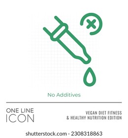 Vegan Diet Fitness and Healthy Nutrition Edition of One Line Icon Series - Eye Dropper with Liquid Drop and Cross Sign as No Additives Outline Stroke Style Symbol - Vector Pictogram Graphic Design