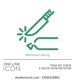 Vegan Diet Fitness and Healthy Nutrition Edition of One Line Icon Series - Sharp Knife Cutting Sausage Casing Edge Sign as Remove Casing Flat Outline Style Symbol - Vector Pictogram Graphic Design