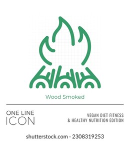 Vegan Diet Fitness and Healthy Nutrition Edition of One Line Icon Series - Fire Flame Burning on Wood Sign as Wood Smoked Food Flat Outline Stroke Style Symbol - Vector Pictogram Graphic Design