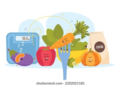 Composición plana vegan con verduras de dibujos animados bolsita de los iconos del polvo de cacao ilustración vectorial