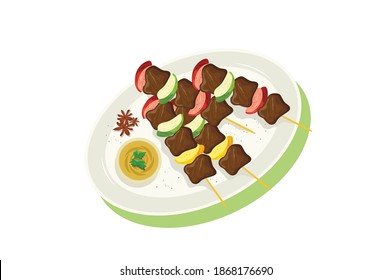 Vegan diet food, Grilled cheese and vegetables kebab, Indian style Paneer Tikka, with white sauce and lime vector illustration isolated on white background