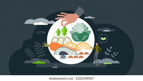 Vegan diet with fresh vegetables and avoid meat in menu tiny person concept. Greens, nuts and seeds based meal for healthy and vitamin rich food eating vector illustration. Natural nourishment choice