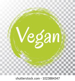 Vegan diet label on transparent, painted logo emblem for food packaging, circle stamp vector illustration. Food vegan sticker, round logo vegetarian diet icon clip art, green label graphic design.
