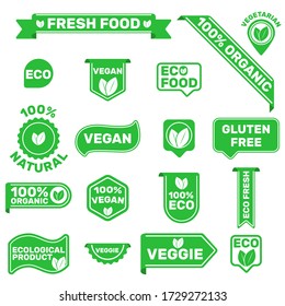 Vegan diet labels flat icon collection. Vegetarian and eco green badges vector illustration set. Healthy fresh products and farm store concept