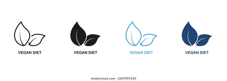Vegan Diet Line and Silhouette Icon Set. Two Leaves Icon, Plant Based Nutrition and Healthy Lifestyle. Eco-Friendly Food Options. Editable Stroke. Isolated Vector Illustration.