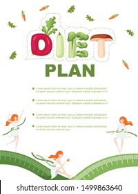 Vegan diet plan greetings card design flat vector illustration on white background cartoon character design woman with measuring tape