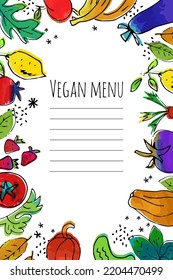 Vegan diet print or menu card vector illustration. Watercolor hand drawn fruits and vegetables frame with copyspace.