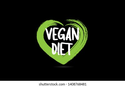vegan diet text word on black background with green love heart shape suitable for icon, badge or typography logo design