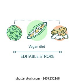 Vegan diet, weight loss concept icon. Vegetarian nutrition idea thin line illustration. Natural product, healthy food. Raw cabbage, bean pod and peanut vector isolated outline drawing. Editable stroke