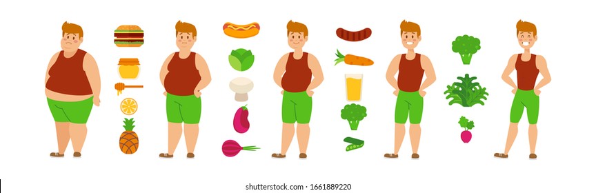 Vegan diet for weight loss and healthy lifestyle, obese man turning into fit handsome guy, vector illustration. Male cartoon character before and after vegetarian food. Organic vegetable isolated icon