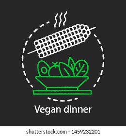 Vegan dinner chalk concept icon. Healthy nutrition idea. Cooked corn with vegetable salad vector isolated chalkboard illustration. Vegetarian restaurant menu. Delicious organic food, natural products