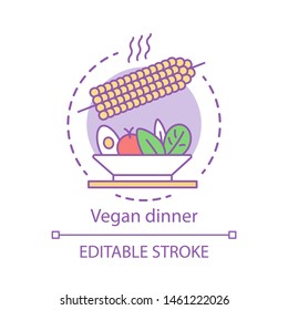 Vegan dinner concept icon. Vegetarian lifestyle idea thin line illustration. Organic food, healthy nutrition. Cooked corn with vegetable salad vector isolated outline drawing. Editable stroke