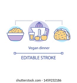 Vegan dinner, delicious meal concept icon. Healthy lifestyle idea thin line illustration. Organic nutrition. Oatmeal, natural juice and vegetarian taco vector isolated outline drawing. Editable stroke