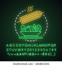 Vegan dinner neon light concept icon. Vegetarian restaurant menu idea. Glowing sign with alphabet, numbers and symbols. Healthy nutrition. Cooked corn with vegetable salad vector isolated illustration